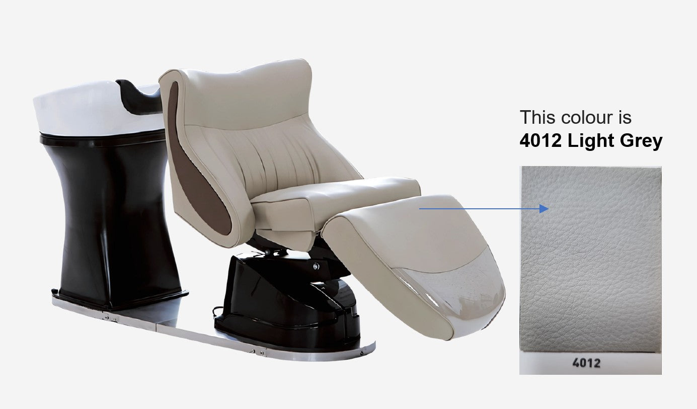 Shampoo chair with black base on a white background, featuring color swatch 4012 Light Grey.