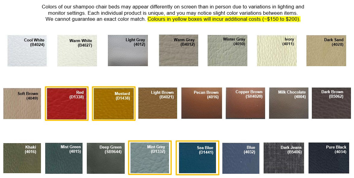 Color swatch chart for chair seat pads with various color options.