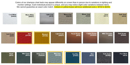 Color swatch chart for chair seat pads with various color options.